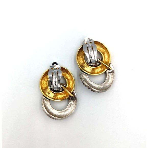Vintage Givenchy Gold-Silver Tone Rhinestone Interlocking Links Clip On Earrings - Picture 4 of 9